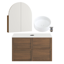 Cali 900mm Walnut Wall Hung Vanity with Basin & Shaving Cabinet Package